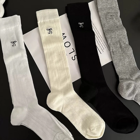 Chaussettes Hautes Femmes Coton Tricot Côte Respirant Mince Style Ballet Broderie Noeud Doux Rétro Bas De Mollet