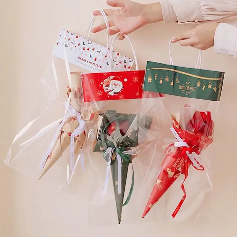 Weihnachts Geschenktüten Transparent Kunststoff Blumenverpackung Handtasche Weihnachtsmann Rentier Muster Feiertag Party