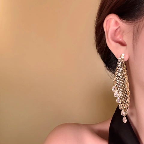 Eleganti Orecchini Lunghi Con Nappa Placcati In Oro Vero Zircone Goccia D'acqua Maglia Frangia Gioielli Di Lusso Con Perno In Argento