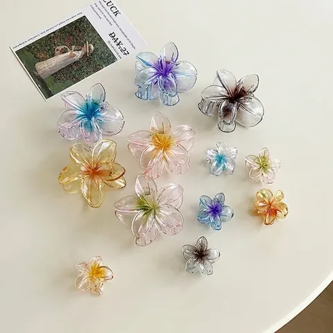 Flower Hair Claw Clip Plumeria Acrylic Resin Glitter Gradient Shark Hairpin Hawaiian Beach Vacation Accessory For Women