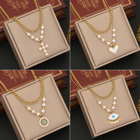 Double Layer Necklace Stainless Steel Faux Artificial Pearl Cross Heart Evil Eye Pendant Curb Chain Retro Fashion Jewelry Women