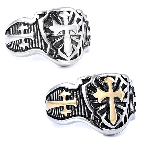 Heren Retro Gotische Roestvrijstalen Kruis Schild Reliëf Ring Noordse Punk Stijl Sieraden Accessoires Voor Man