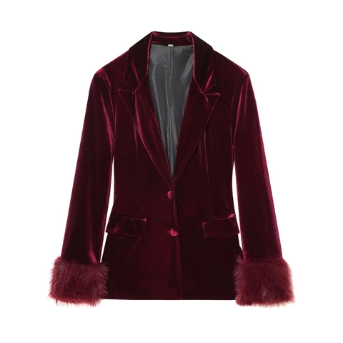 Blazer In Velluto E Pantaloni A Gamba Larga Da Donna Con Polsini In Pelliccia Sintetica Borgogna Completo Elegante