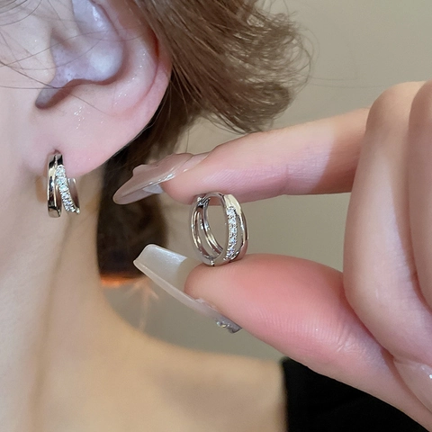 Minimalist Double Layer Hoop Earrings Copper With Zircon Steel Earring Post Geometric Elegant Fashion Jewelry For Women