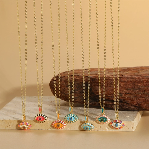 Evil Eye Anhänger Halskette Kupfer Emaille Bunte Zirkonia Tropföl Vergoldet Böhmischer Exotischer Schmuck Für Damen