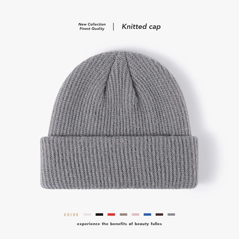 Knitted Beanie Hat For Men Women Winter Warm Polyester Ribbed Cuffed Skull Cap Solid Color Stretchy Outdoor