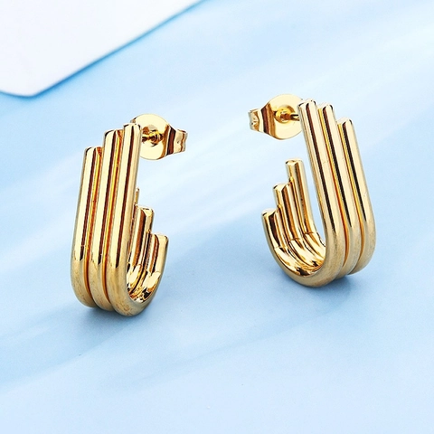 Vintage Stainless Steel Hoop Earrings Parallel Geometric U-Shape Polished Minimalist Ins Style High Shine Jewelry