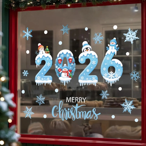 Christmas Window Stickers 2026 New Year Snowman Snowflake Penguin PVC Static Cling Holiday Home Party Decoration Blue White