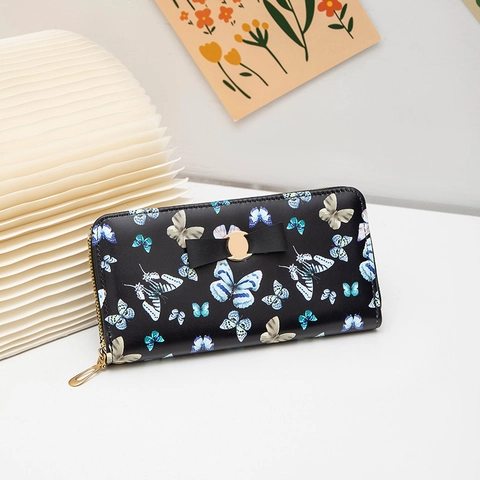 Lange Rits Portemonnee Voor Dames PU Leer Vlinderprint Strik Clutch Met Polsbandje