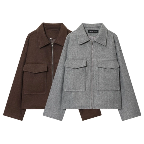Women Woolen Blend Jacket Zipper Front Large Pockets Lapel Collar French Retro Casual Outerwear Coat