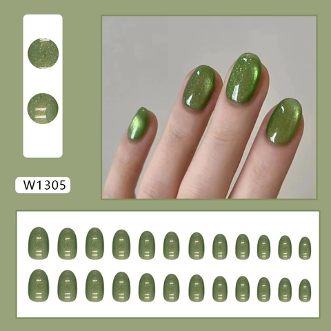 Oval Green Cat Eye Press On Nails Forest Shimmering False Nails For Women Sparkling Manicure Accessories Elegant Ins Style