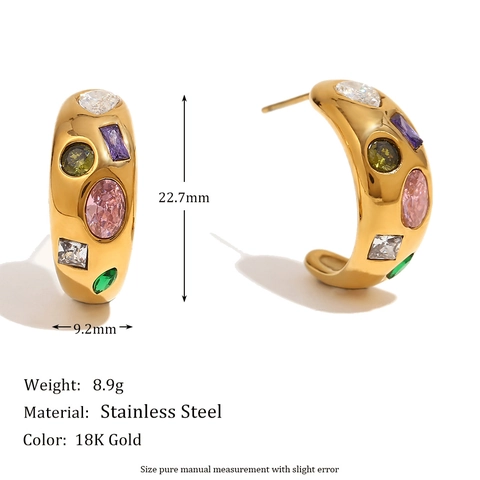 Orecchini A Lobo Geometrici A Forma Di C Con Luna Acciaio Inossidabile Placcato Oro 18K Zircone Colorato Per Donne