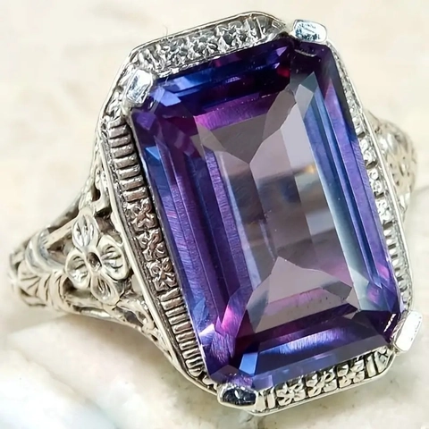 Anillo De Cobre Con Circón Púrpura Vintage Victoriano Tallado Floral Hueco Piedra Rectangular Joyería Para Mujeres
