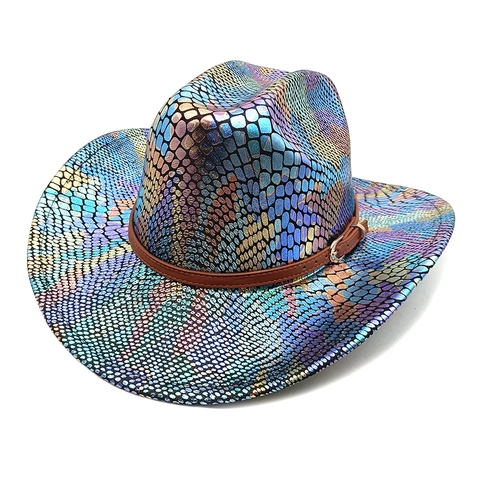 Iridescent Snakeskin Pattern Western Cowboy Hat Metallic Polyester Wide Brim Party Rave Festival Faux Leather Band