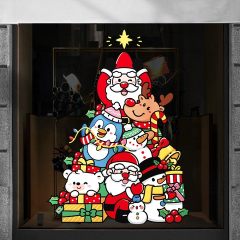 Christmas Window Stickers Static Cling PVC Santa Reindeer Snowman Double Sided Glass Decoration Cartoon Holiday Tree Shape