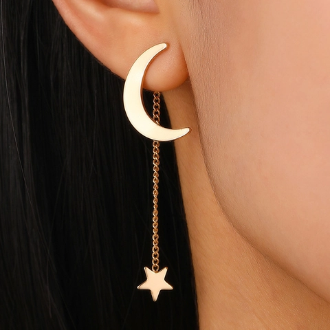 Fashion Alloy Star Moon Tassel Dangle Earrings For Women Western Personality Asymmetric Celestial Long Chain Earring Jewelry