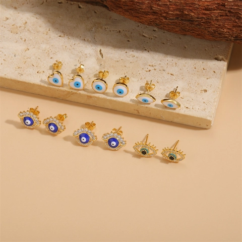 Evil Eye Stud Earrings Copper With Zircon And Enamel Heart Round Geometric Bohemian Amulet Jewelry For Women