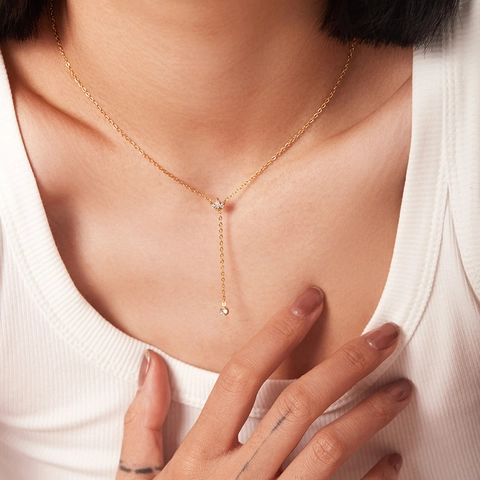 French Elegant 18K Gold Plated Stainless Steel Crown Pendant Necklace For Women Delicate Zirconia Inlaid Y-Shape Tassel Jewelry