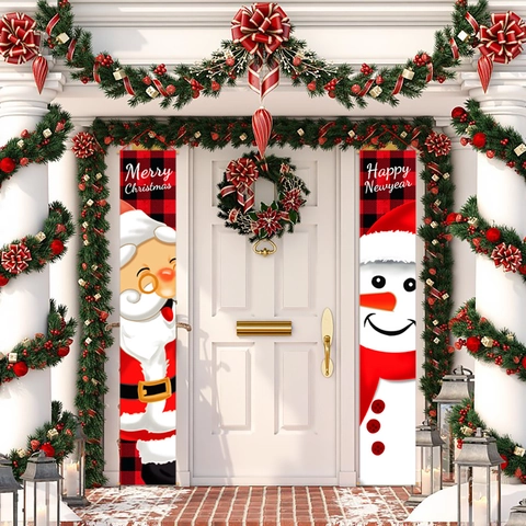 Banner Natalizio per Portico Babbo Natale Pupazzo di Neve Cartello Appeso Quadri Buffalo Tessuto Oxford Decorazione Capodanno