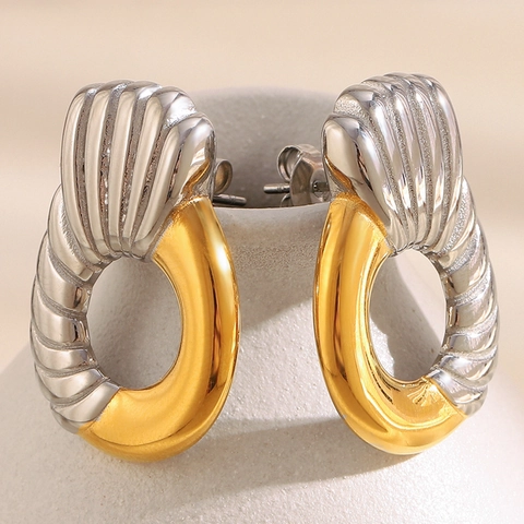 Orecchini A Cerchio Bicolore Con Texture Acciaio Inossidabile Placcato Oro 18K Geometrico Retro Elegante Gioielli Donna