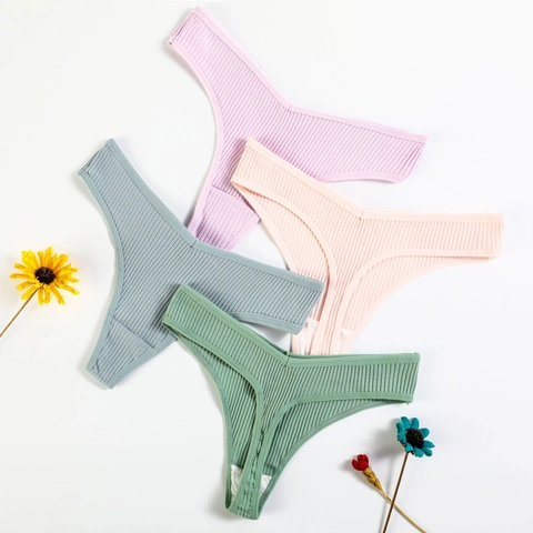 Femme Sexy Coton Côtelé Thong Taille Basse Respirant Couleur Unie G-String Sous-Vêtements