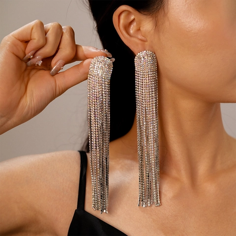 Orecchini Lunghi Frangia Strass Rame Con Perno Argento Sterling 925 Per Donna Banchetto Festa Viola Scintillante