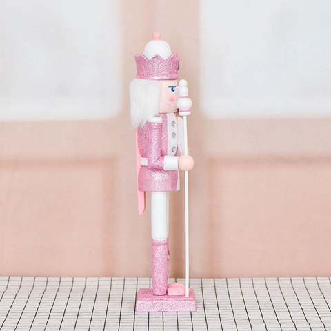 Ornement Roi Casse-Noisette Rose Bois Étincelant Paillettes Décoration De Noël Design Sceptre Figurine De Soldat