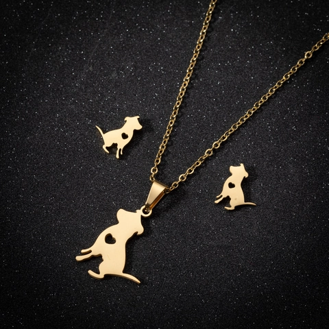 Collar Y Pendientes De Botón De Acero Inoxidable Con Silueta De Perro Lindo Joyería Simple De Moda Con Detalle De Corazón Hueco Para Mujeres
