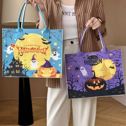 Halloween Tote Bag Felt Pumpkin Ghost Print Large Capacity Holiday Party Gift Handbag