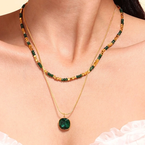 Layered Necklace Stainless Steel Green Stone Beaded Snake Chain Square Emerald Crystal Pendant Vintage Gold Women Gift