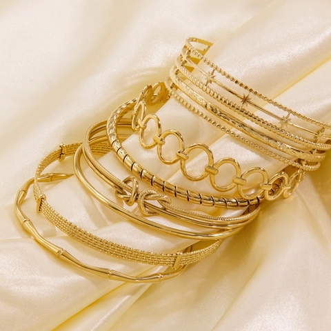 Open Bangle Bracelet For Women 14K Gold Plated Stainless Steel Minimalist Adjustable Cuff Star Bamboo Design Jewelry Gift