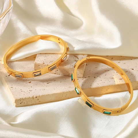 French Vintage Titanium Steel Bangle For Women Gold Plated Emerald Cut Colorful Zirconia Hinge Opening Bangle Bracelet Jewelry