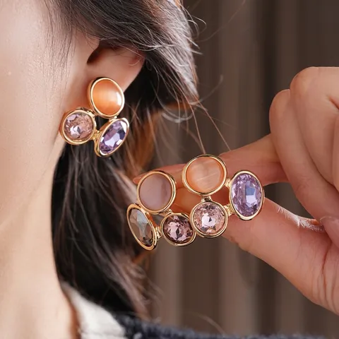 Vintage Palace Style Stud Earrings With Cat Eye Stone Crystal And Silver Earring Post Geometric Oval Jewelry Women Fashion
