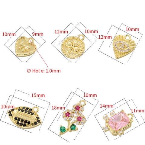 Brass Gold Plated Charms Pendants With Zircon Heart Clover Evil Eye Sunflower Sports Designs For DIY Jewelry Making