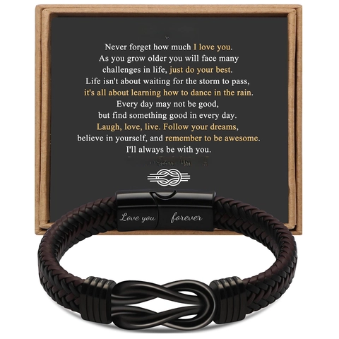 Men Stainless Steel Braided Leather Bracelet Magnetic Clasp Twisted Rope Cuff Bangle With Message Card Gift Jewelry For Men