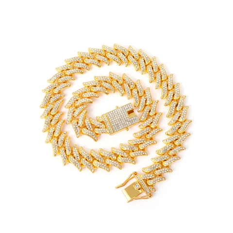 Iced Out Hip Hop Cuban Link Chain Necklace For Men Women Alloy Rhinestone Spiky Link Necklace Fashion Jewelry Gift