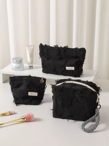 Distressed Fringed Canvas Cosmetic Bag Large Capacity Travel Makeup Organizer Zippered Toiletry Pouch Portable