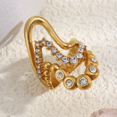 Stainless Steel 18K Gold Plated Multi Layer Wave Ring For Women Irregular Heart Zircon Inlaid Exaggerated Jewelry
