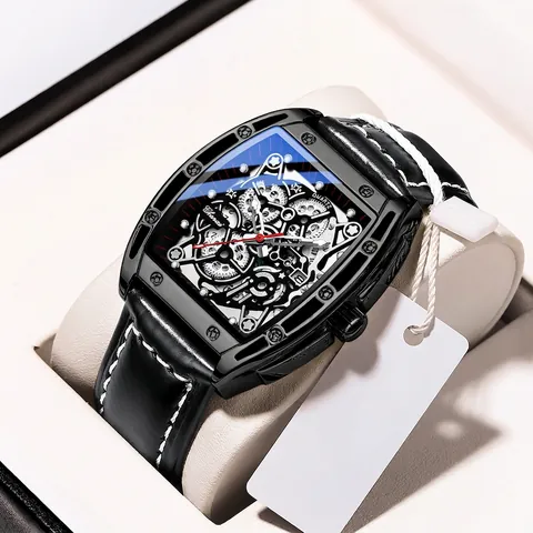 Orologio Al Quarzo Da Uomo Tonneau Quadrante Scheletrato Luminoso Impermeabile Cinturino In Pelle Calendario Moda Business