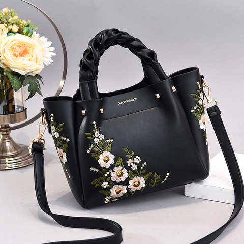 Sac À Main Femme Broderie Florale Cuir PU Poignée Tressée Sac À Bandoulière Élégant Décontracté Quotidien Pour Dames