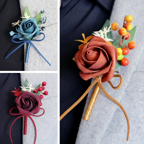 Künstliche PE Rosen Ansteckblume Für Bräutigam Hochzeit Party Zubehör Vintage Schaumstoffblumen Beeren Blatt Dekoration