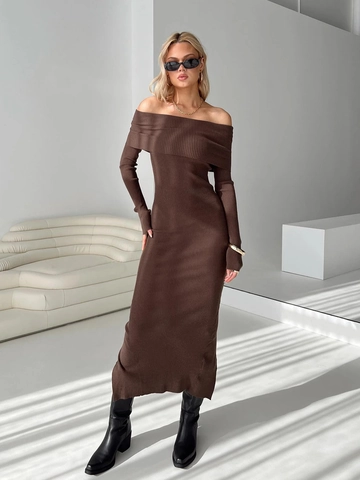 Off Shoulder Maxi Jurk Geribd Breiwerk Lange Mouwen Achterkant Split Bodycon Slim Fit Elegant Retro Effen Bruin Dames