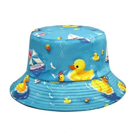 Little Yellow Duck Cartoon Print Dubbelzijdige Draagbare Vissershoed Polyester Zonbescherming Zomer Outdoor Dames Schattig Hoed