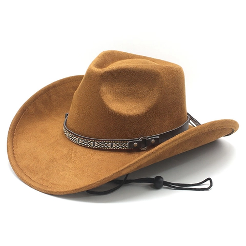 Westerse Cowboyhoed Suede Polyester Vilt Etnische Geweven Band Verstelbare Kinriem Zonbescherming Outdoor Reizen
