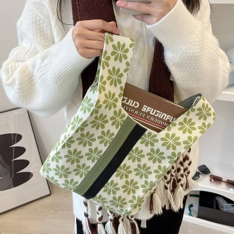 Dames Mode Gebreide Handtas Bloemen Strepen Contrastkleur Grote Capaciteit Draagbare Polstas Polyester