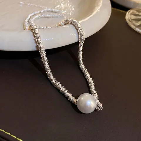Künstliche Perlenanhänger Halskette Legierung Crushed Silver Textur Geometrische Schlüsselbeinkette Für Damen Schmuck