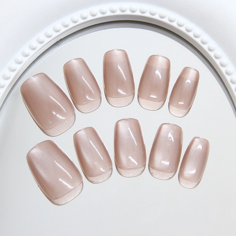 Handgefertigte Braune Cat Eye Aufklebe Nägel ABS Kunststoff Quadratisch Französischer Stil Perlglanz Elegant Mode