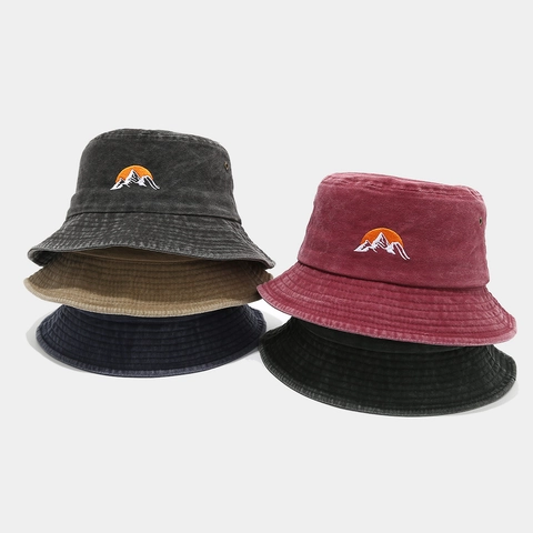 Fischerhut Gewaschene Baumwolle Berg Sonne Stickerei Outdoor Sonnenschutz Vintage Stil Atmungsaktiv Sonnenschirm Unisex