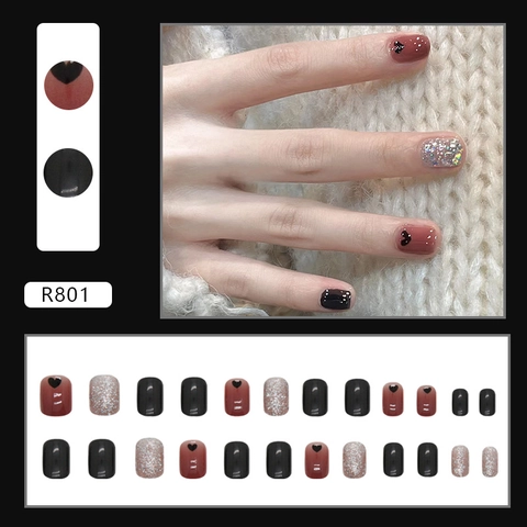 Unghie Finte Corte Quadrate Motivo Cuore Nero Glitter Scintillanti Suggerimenti Per Donna Stile Elegante Dolce