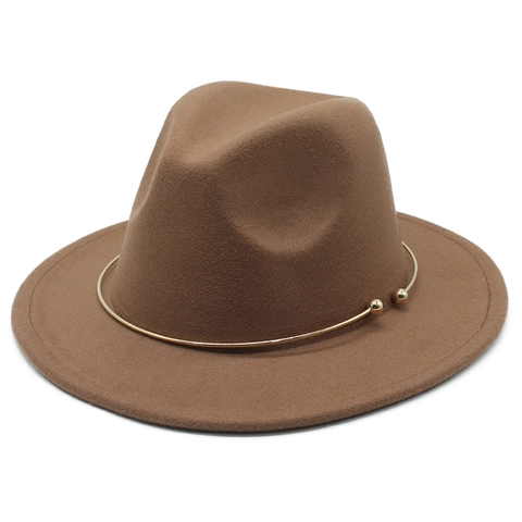 Classic Fedora Hat Wide Brim Wool Felt Cotton Blend Gold Metal Ring Decoration Retro Elegant Jazz Hat For Women Men